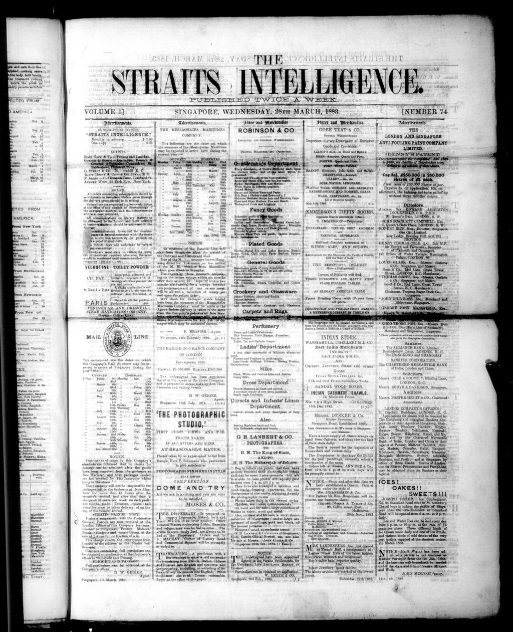 Miniature of Straits Intelligence 28 March 1883