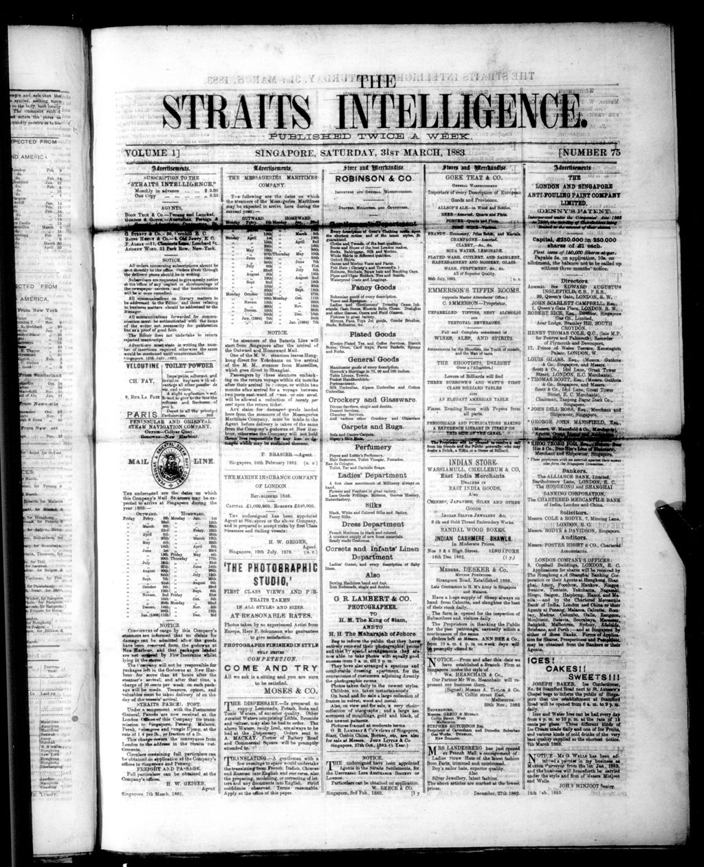 Miniature of Straits Intelligence 31 March 1883