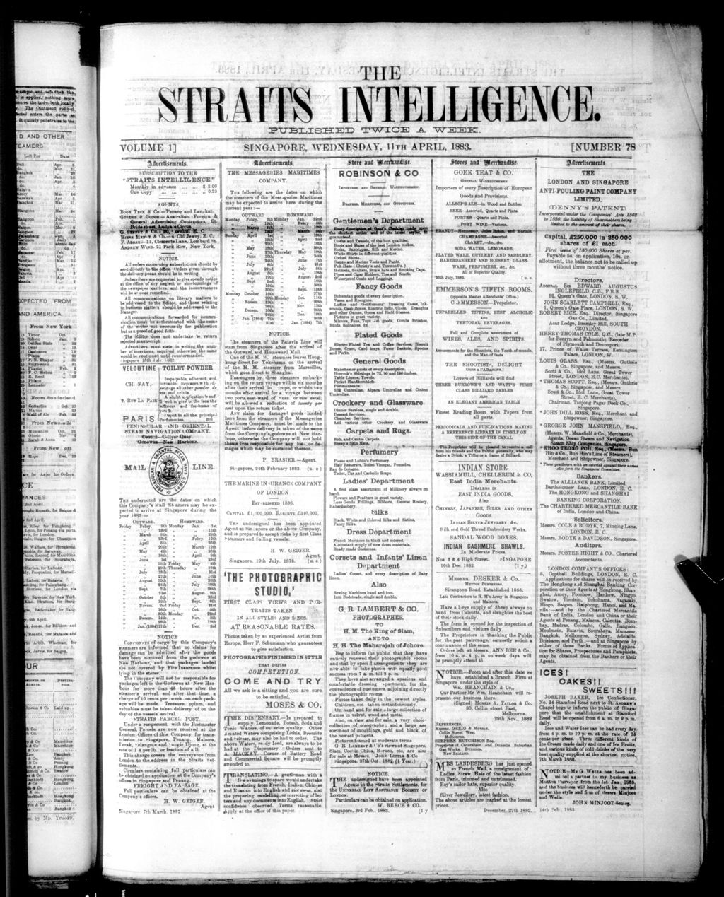 Miniature of Straits Intelligence 11 April 1883