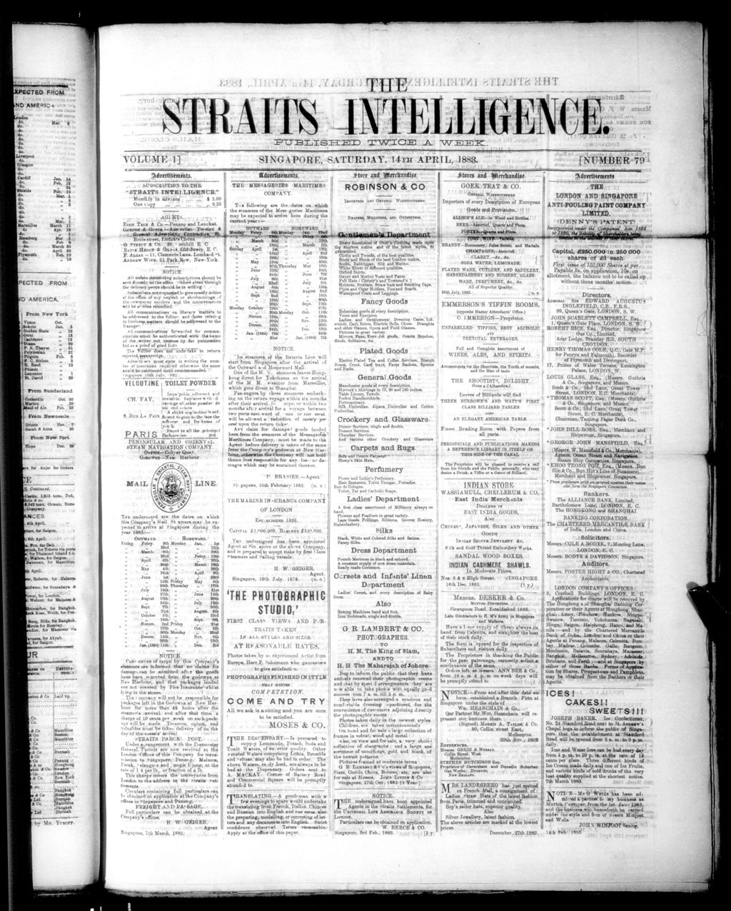 Miniature of Straits Intelligence 14 April 1883