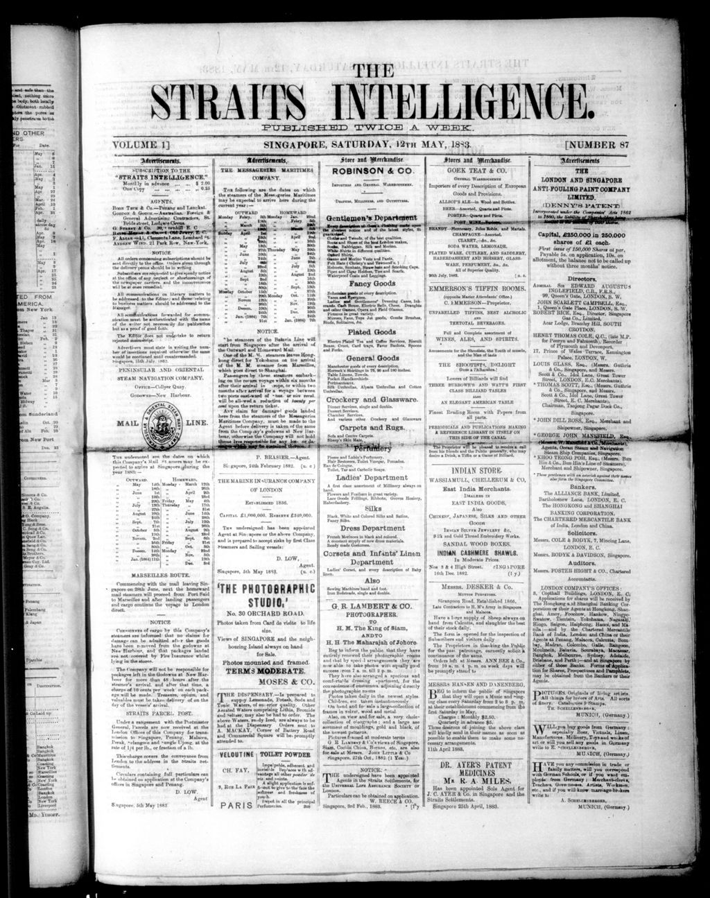 Miniature of Straits Intelligence 12 May 1883