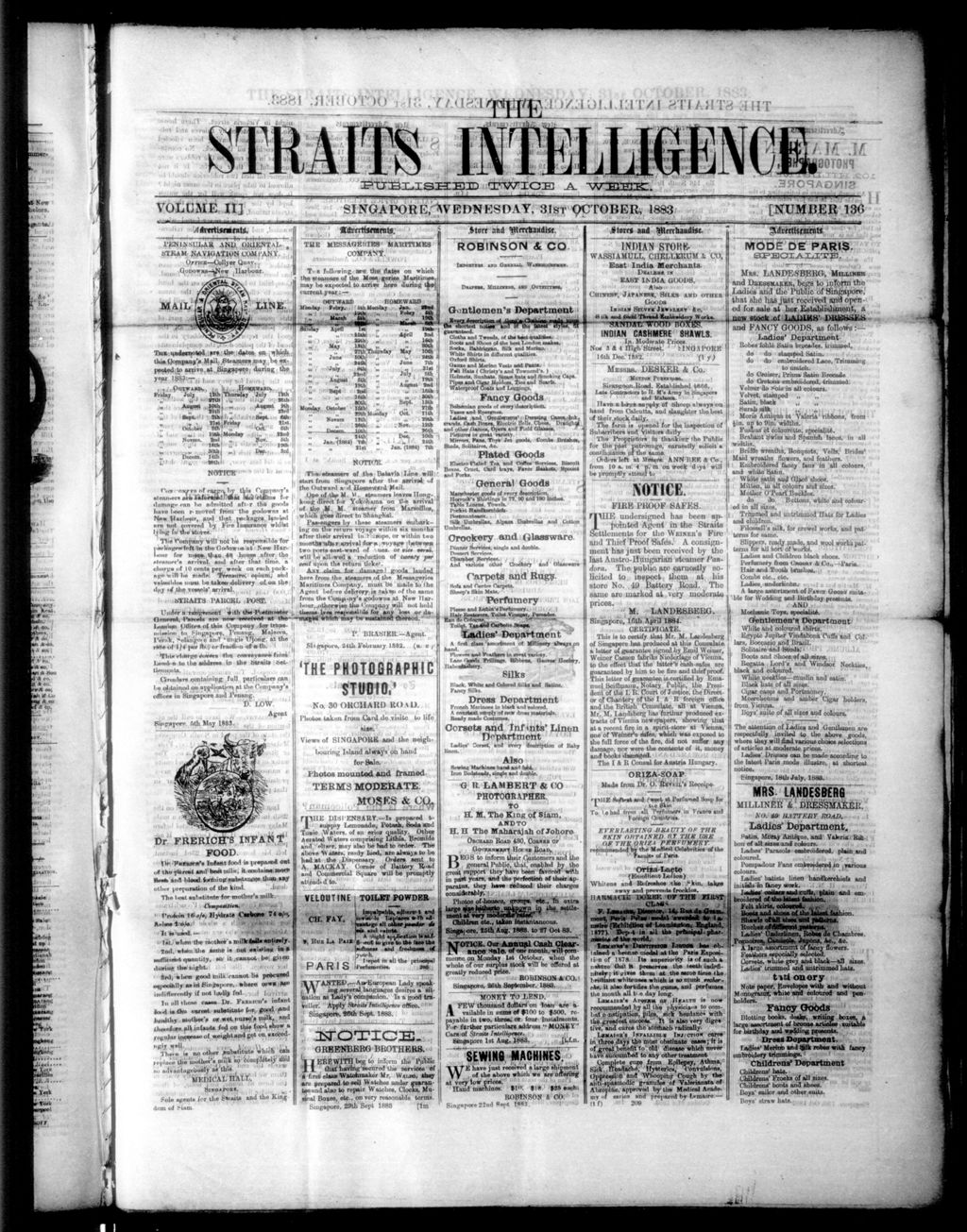 Miniature of Straits Intelligence 31 October 1883