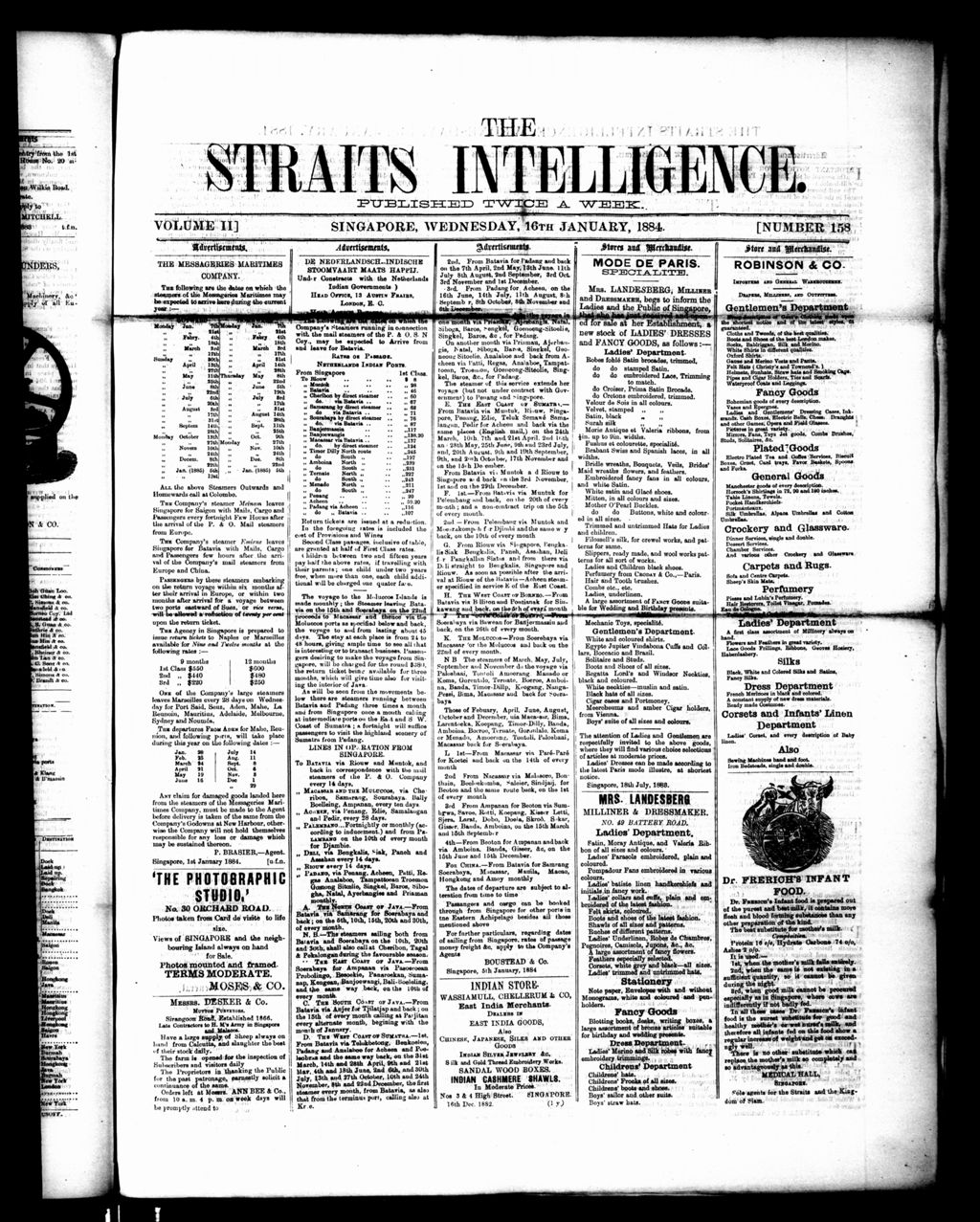 Miniature of Straits Intelligence 16 January 1884