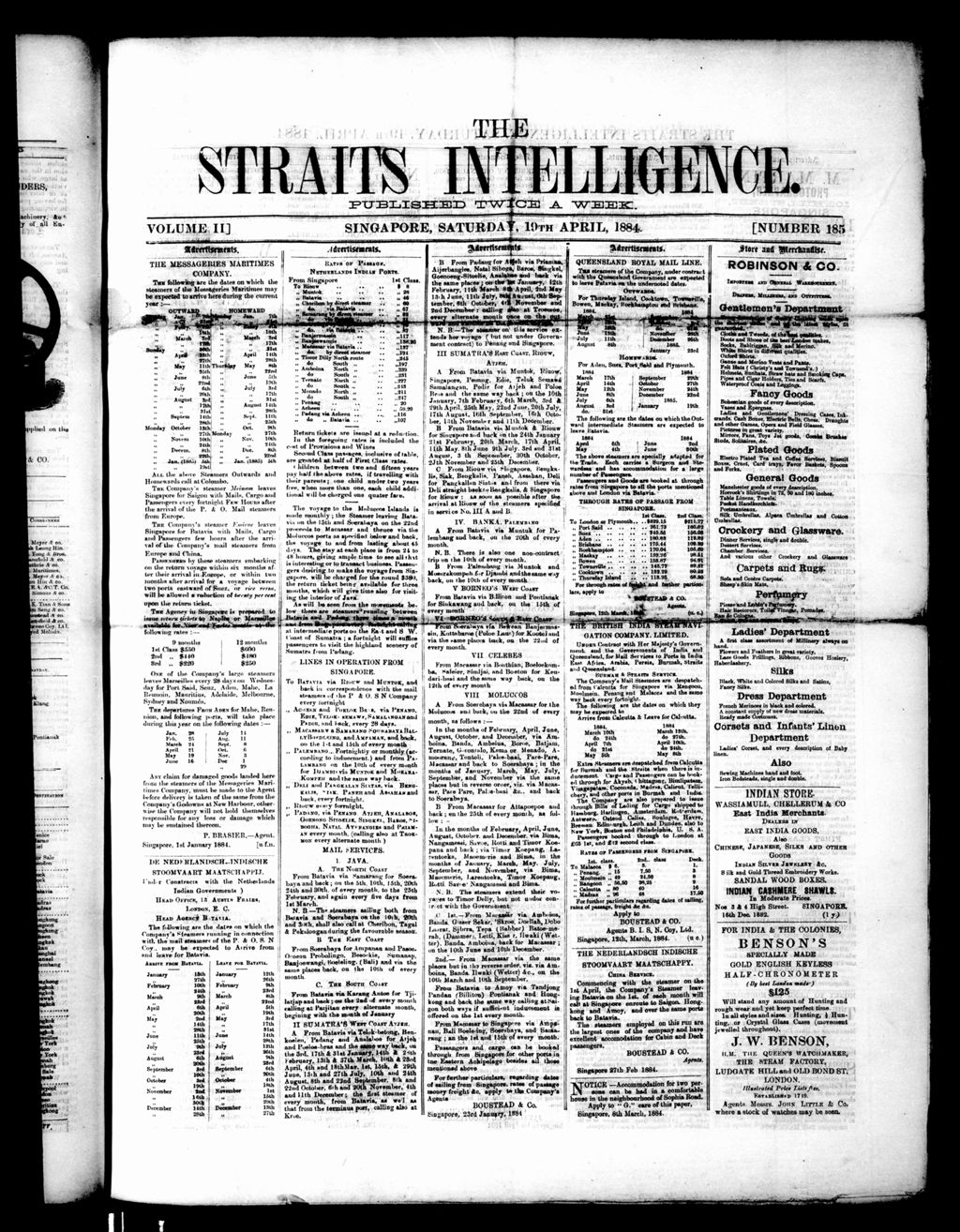 Miniature of Straits Intelligence 19 April 1884