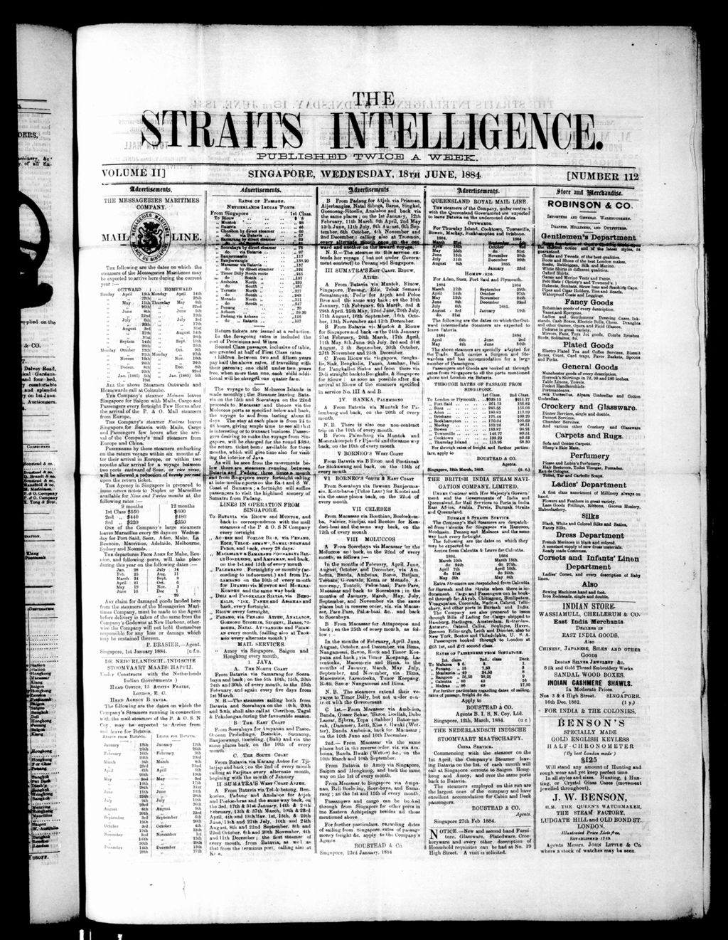 Miniature of Straits Intelligence 18 June 1884