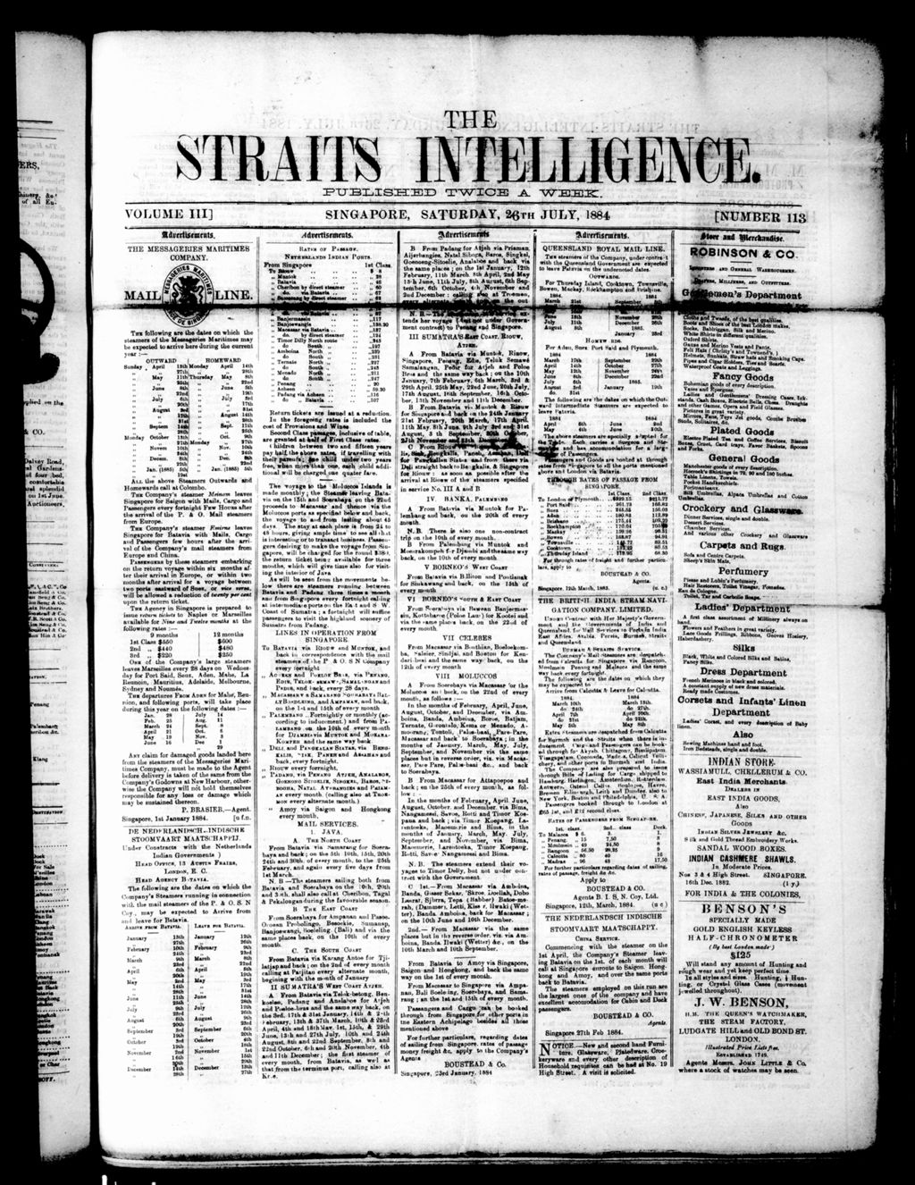 Miniature of Straits Intelligence 26 July 1884