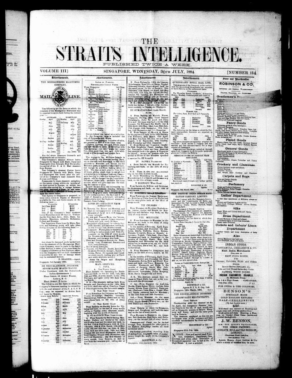 Miniature of Straits Intelligence 30 July 1884