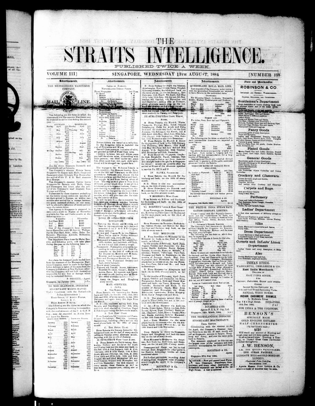 Miniature of Straits Intelligence 13 August 1884