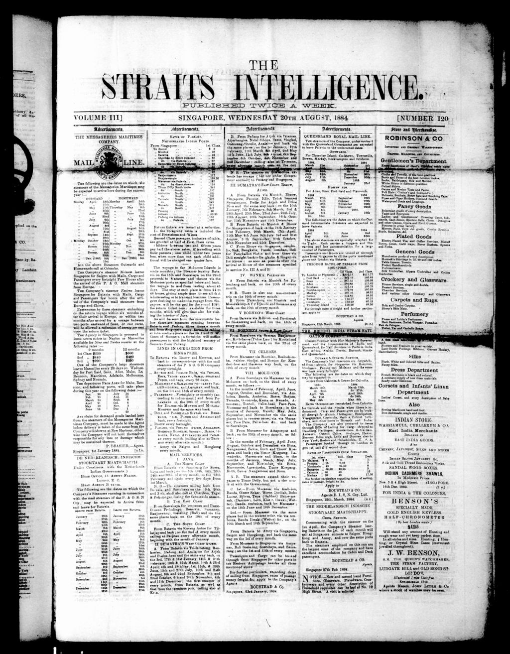 Miniature of Straits Intelligence 20 August 1884