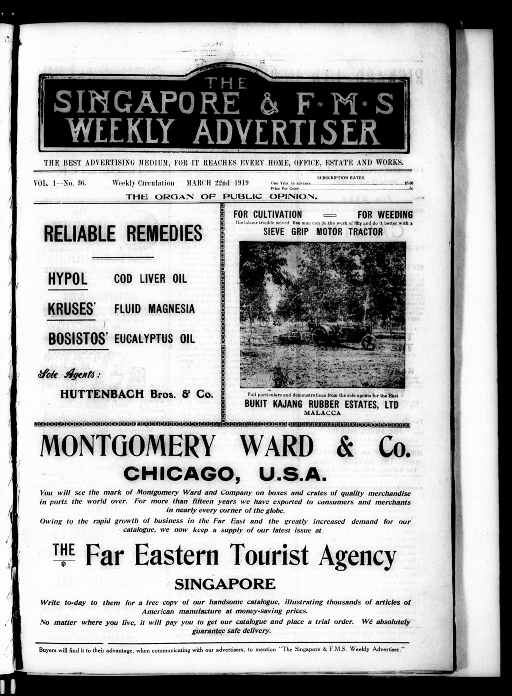 Miniature of Singapore & F.M.S. Weekly Advertiser 22 March 1919