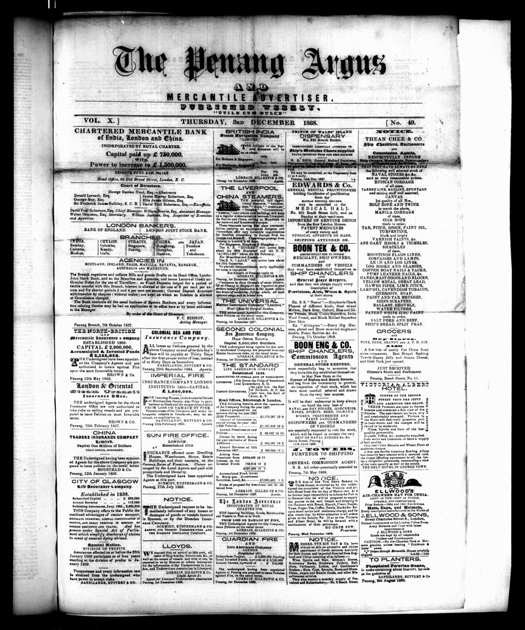 Miniature of Penang Guardian and Mercantile Advertiser 03 December 1868