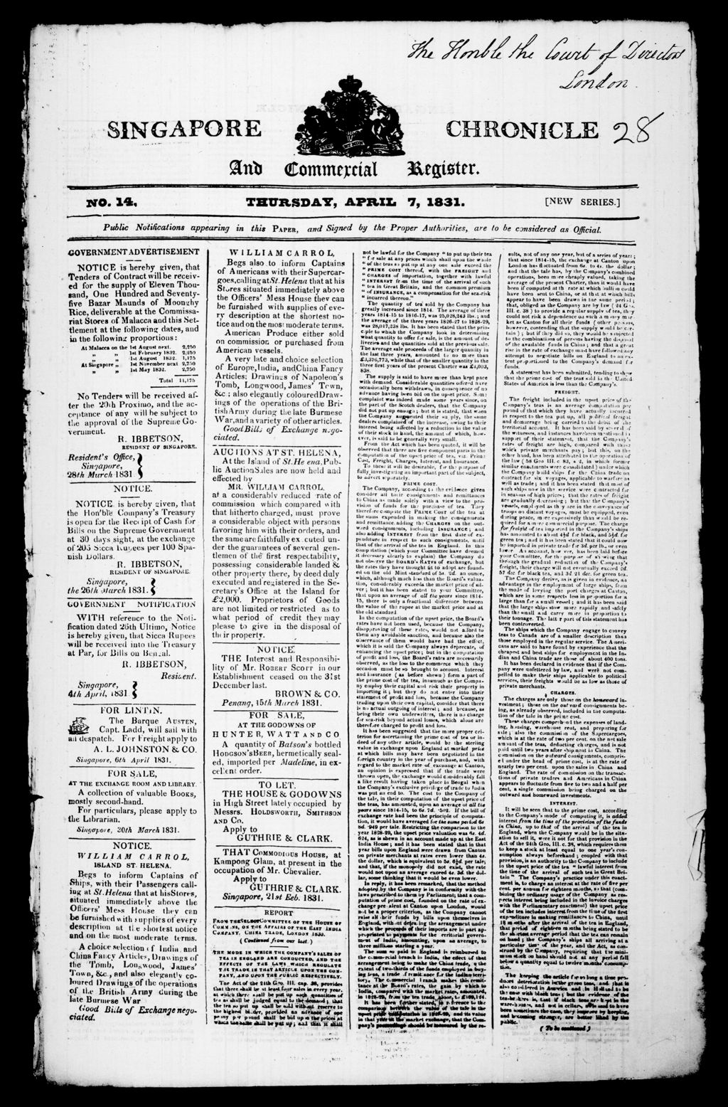 Miniature of Singapore Chronicle and Commercial Register 07 April 1831