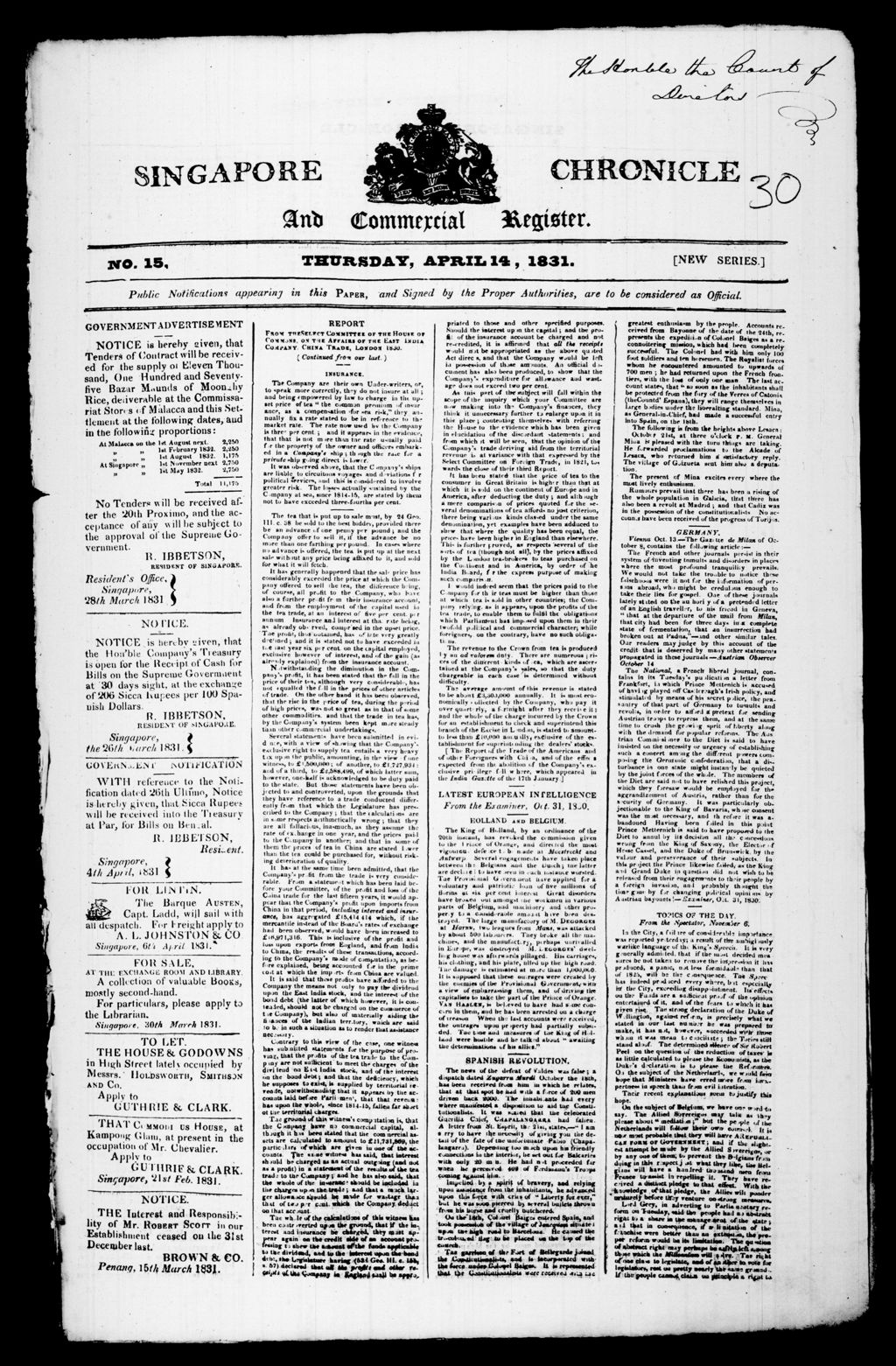 Miniature of Singapore Chronicle and Commercial Register 14 April 1831