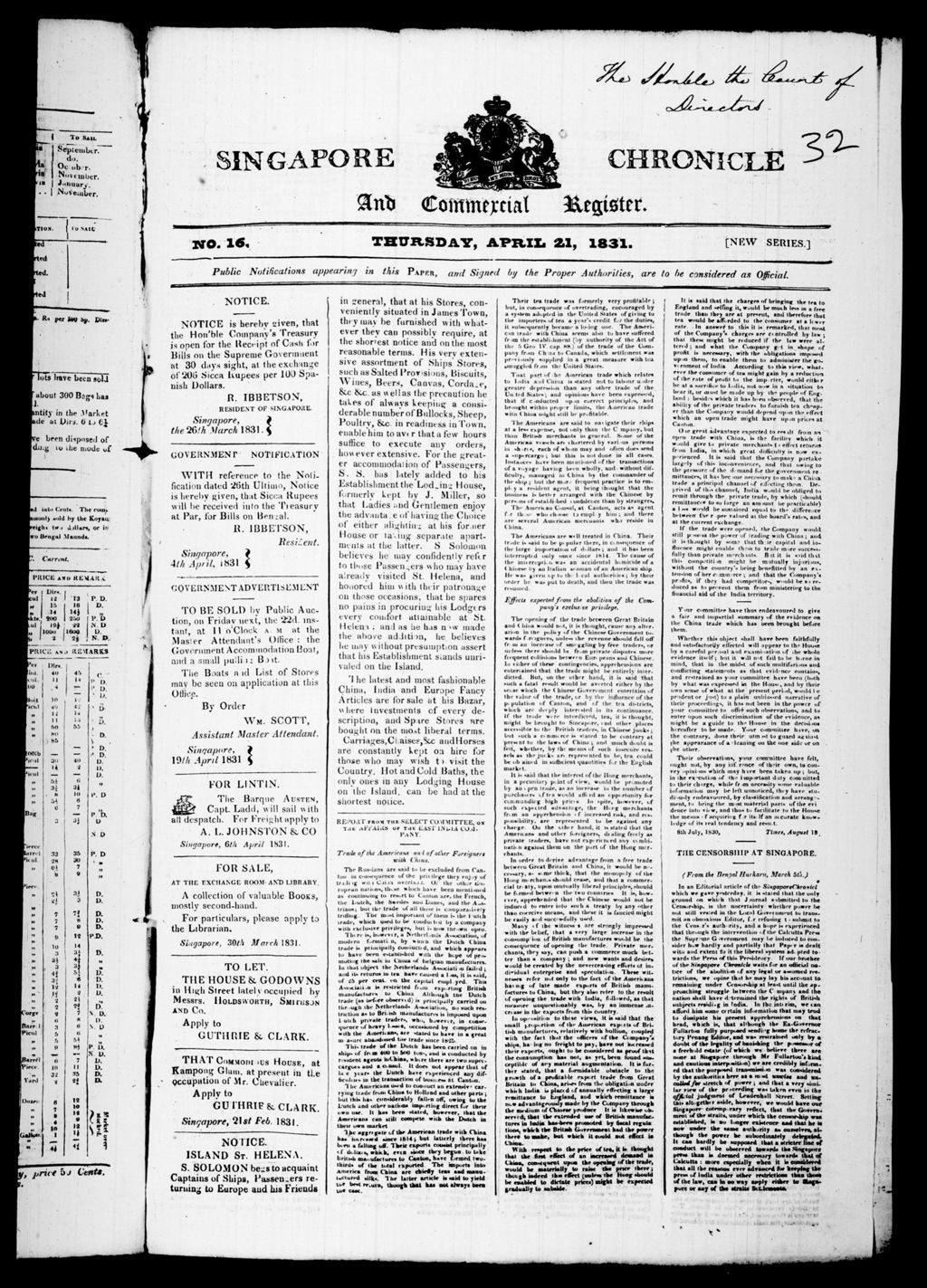 Miniature of Singapore Chronicle and Commercial Register 21 April 1831