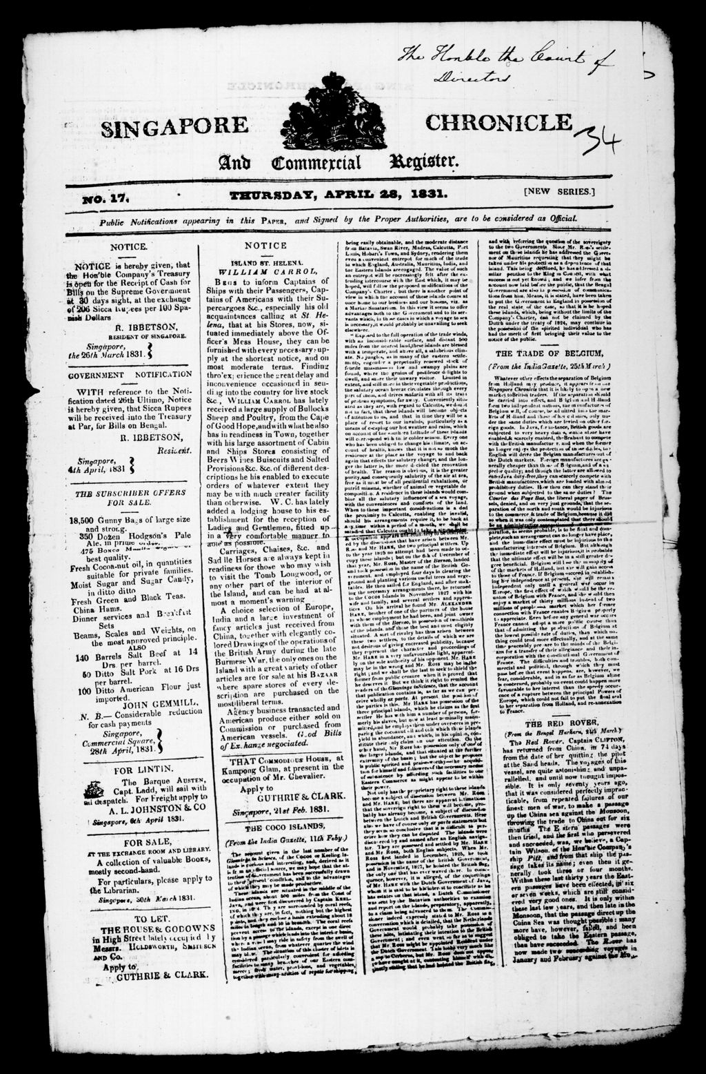 Miniature of Singapore Chronicle and Commercial Register 28 April 1831