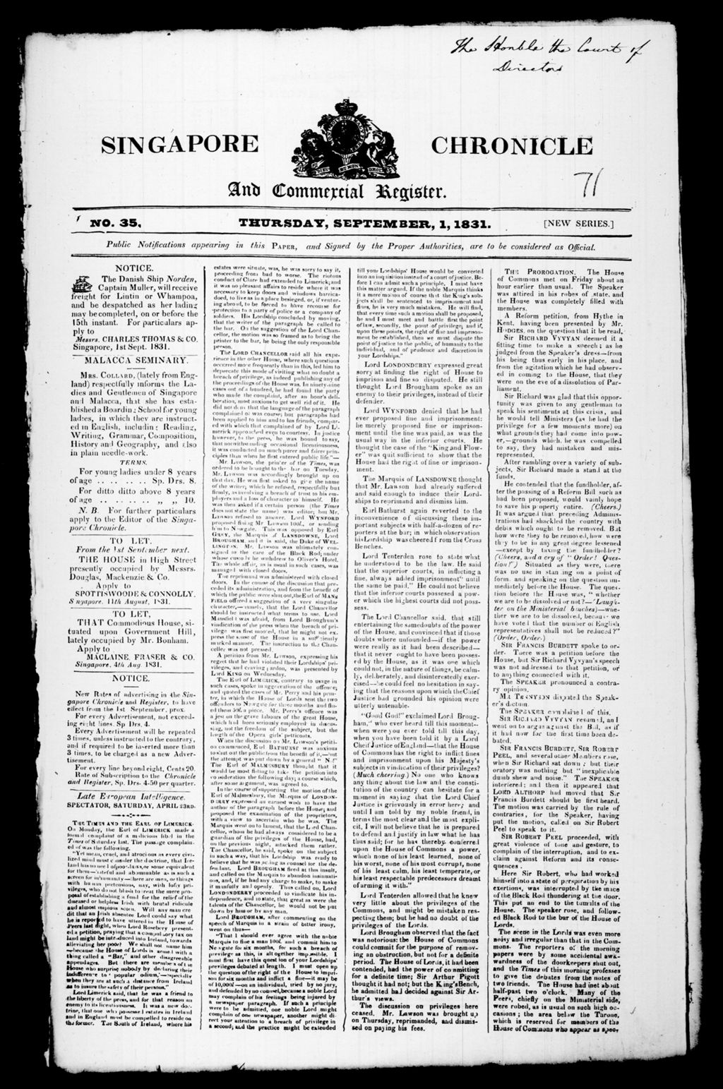 Miniature of Singapore Chronicle and Commercial Register 01 September 1831