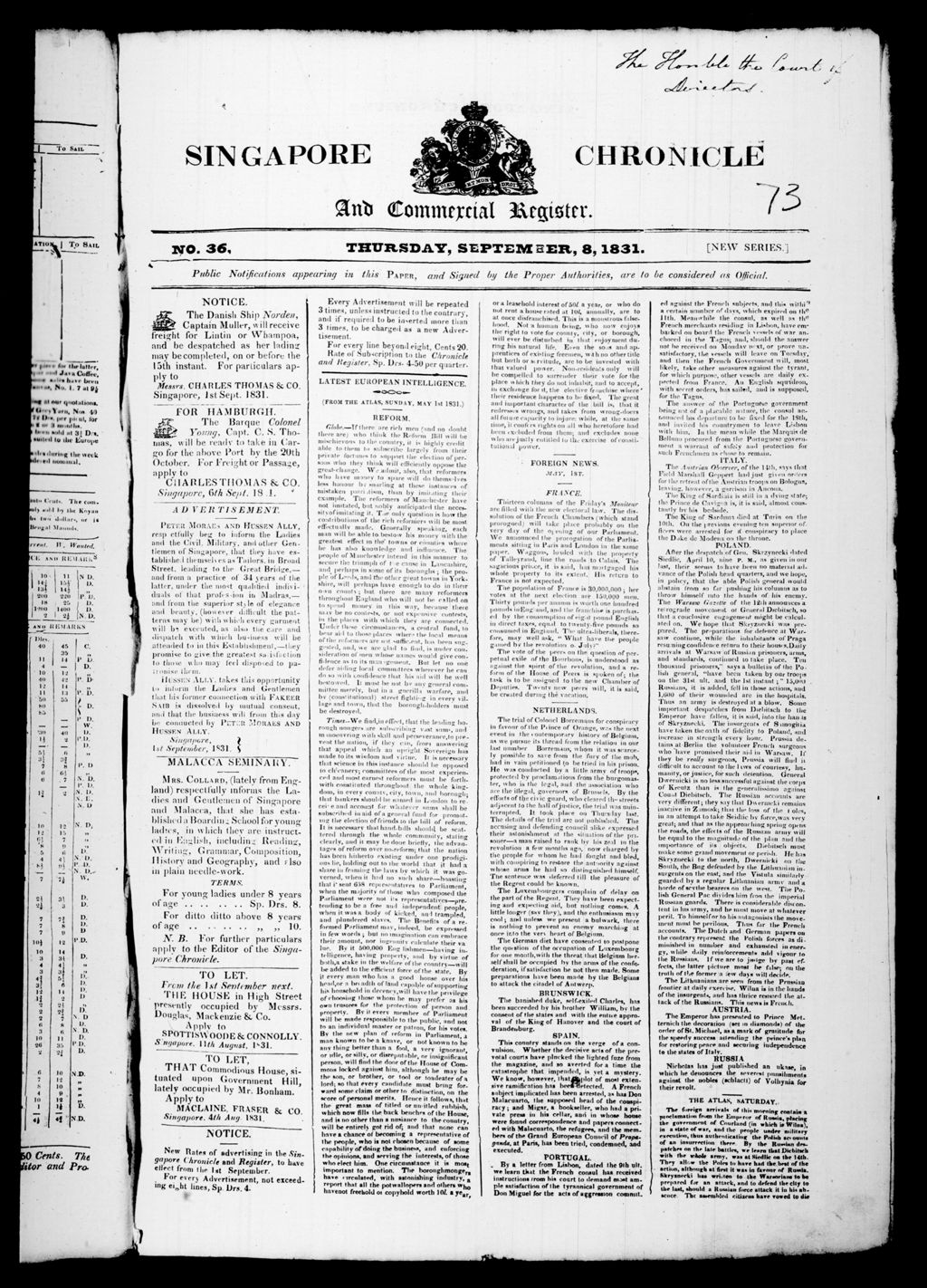 Miniature of Singapore Chronicle and Commercial Register 08 September 1831