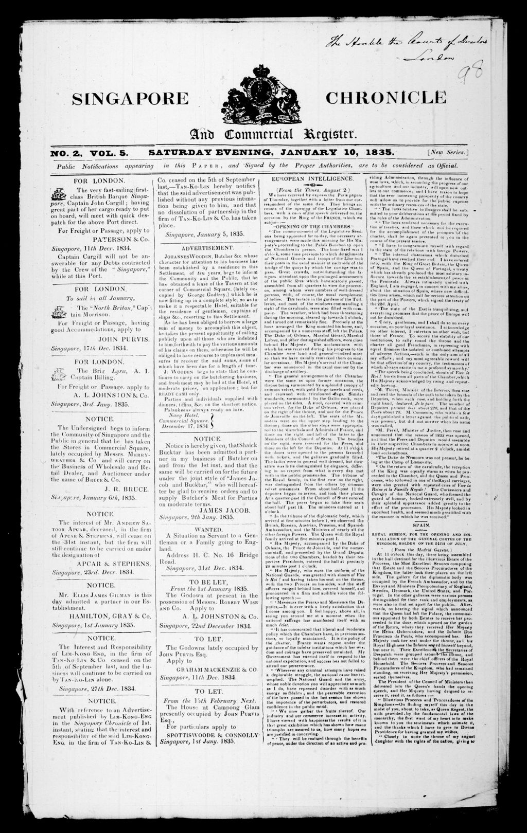 Miniature of Singapore Chronicle and Commercial Register 10 January 1835