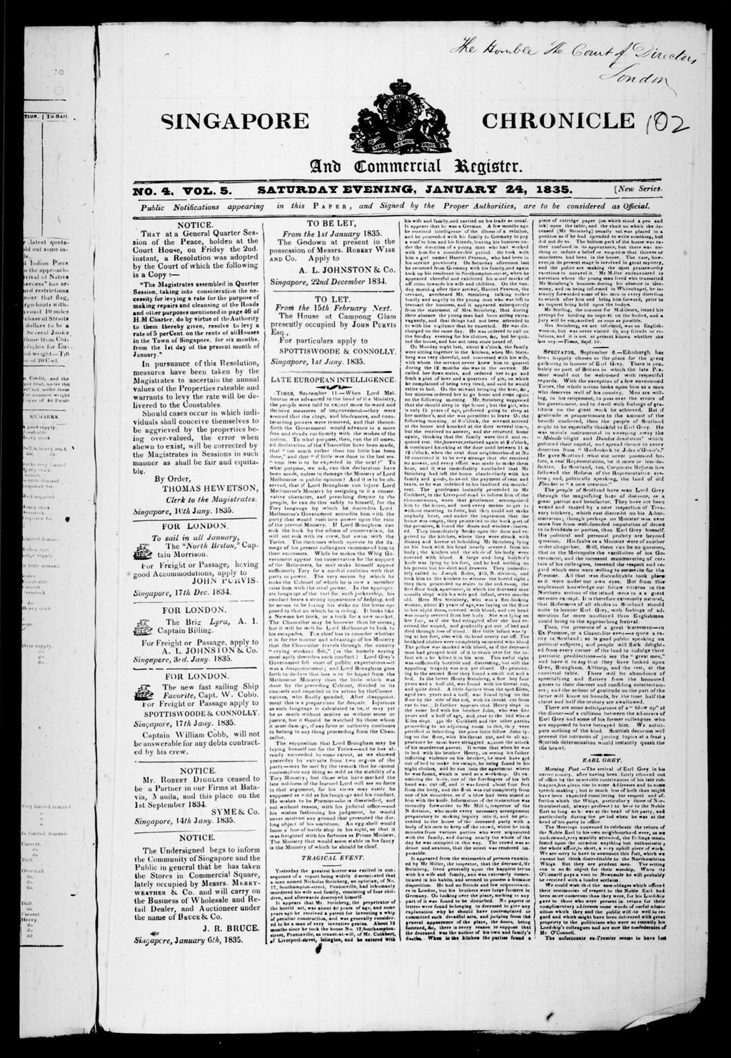 Miniature of Singapore Chronicle and Commercial Register 24 January 1835