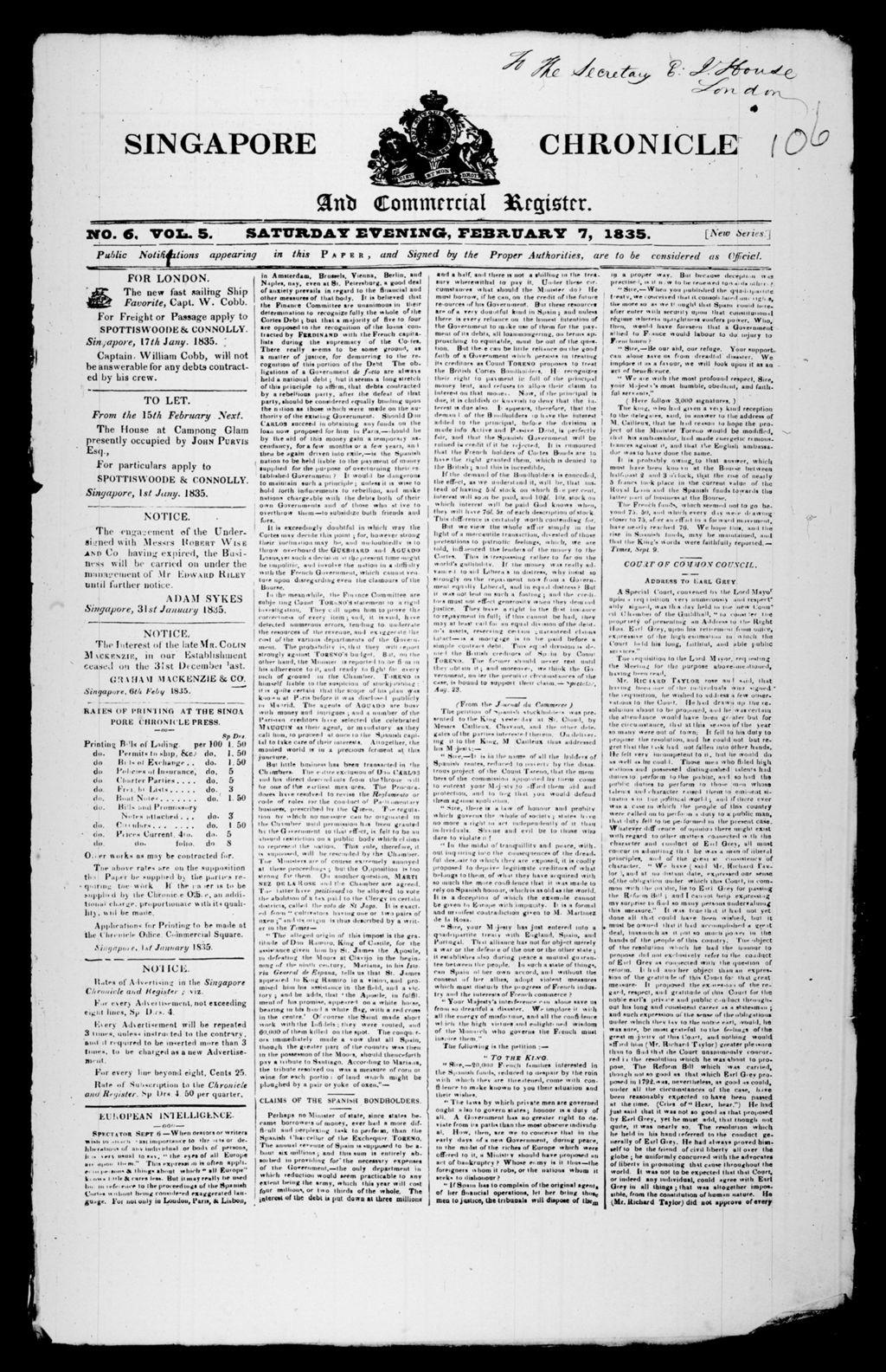 Miniature of Singapore Chronicle and Commercial Register 07 February 1835