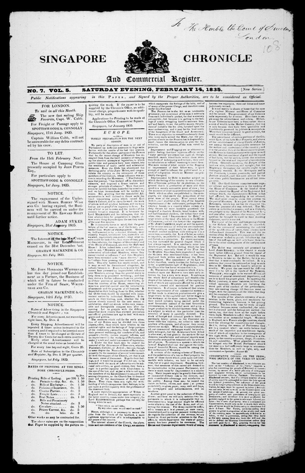 Miniature of Singapore Chronicle and Commercial Register 14 February 1835