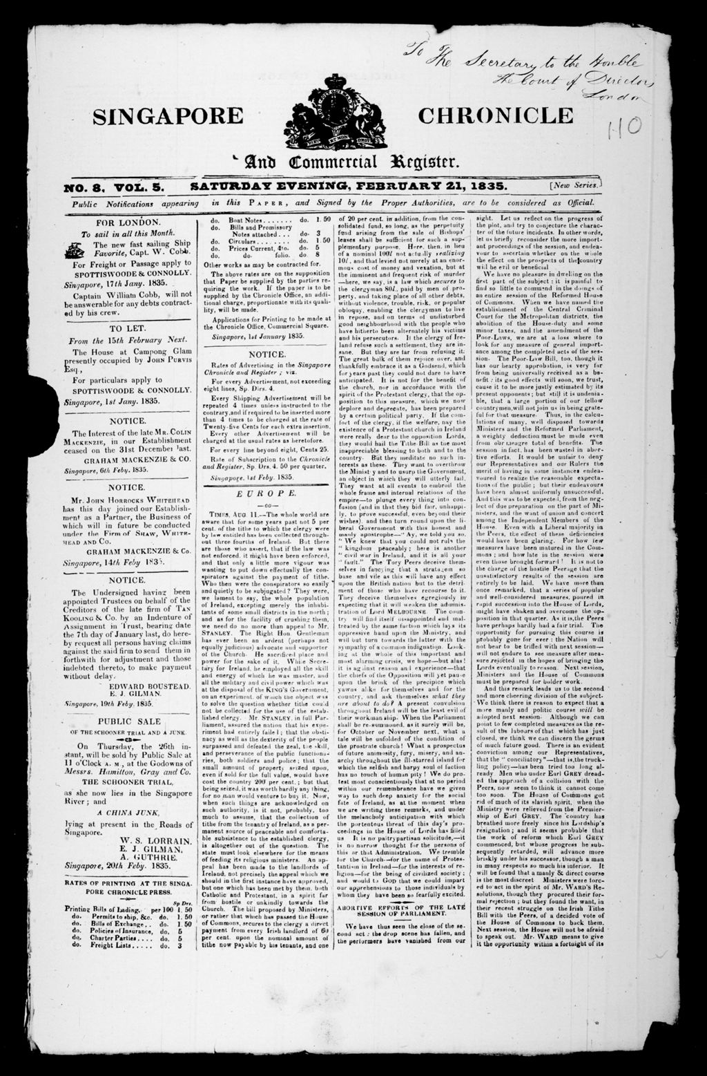 Miniature of Singapore Chronicle and Commercial Register 21 February 1835