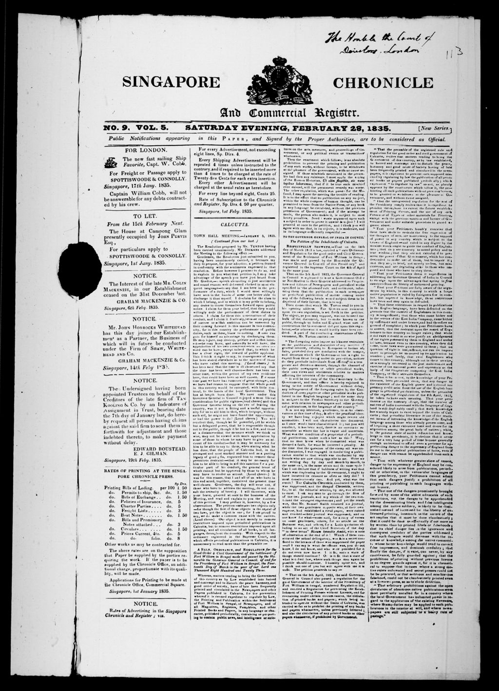 Miniature of Singapore Chronicle and Commercial Register 28 February 1835