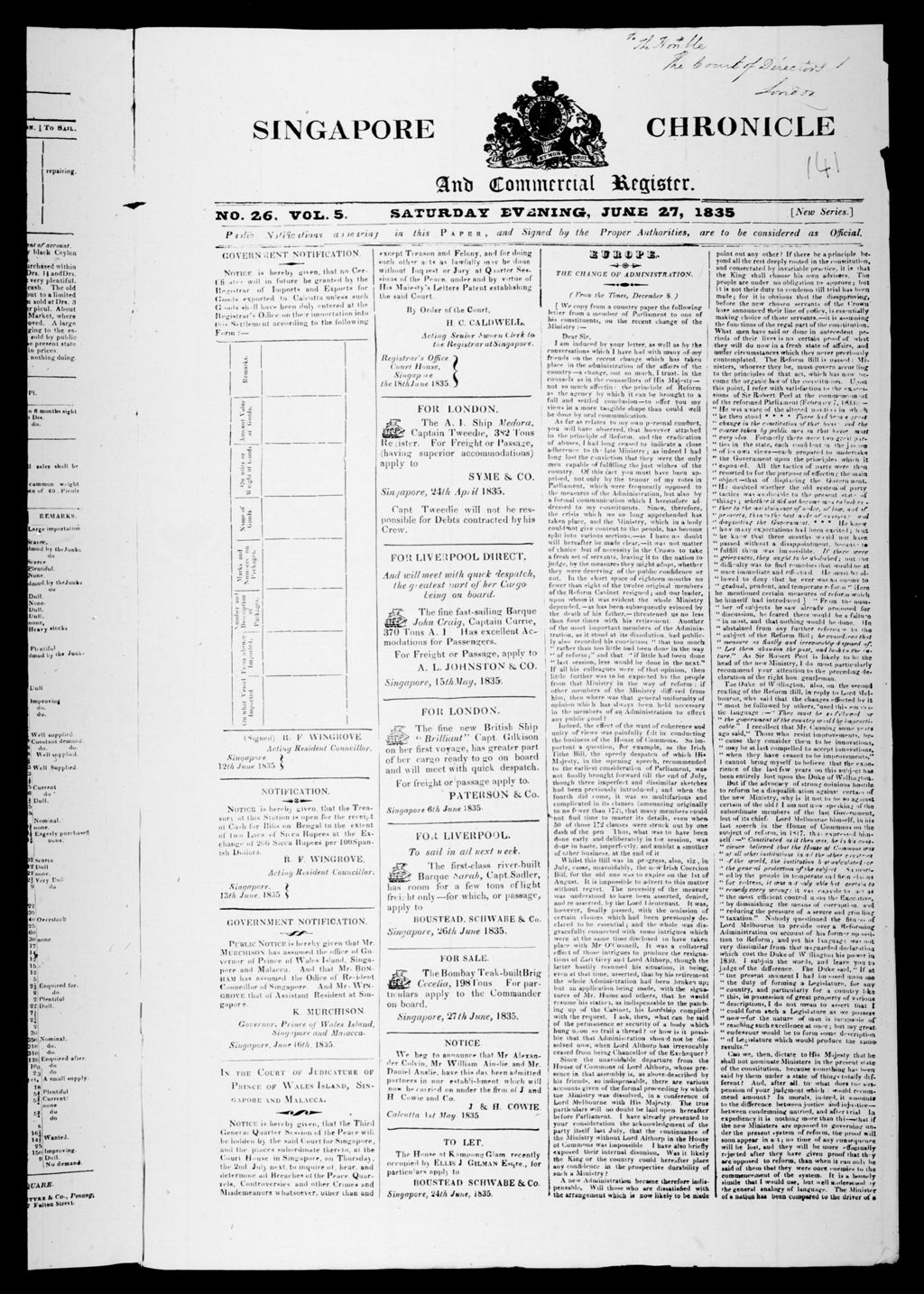 Miniature of Singapore Chronicle and Commercial Register 27 June 1835