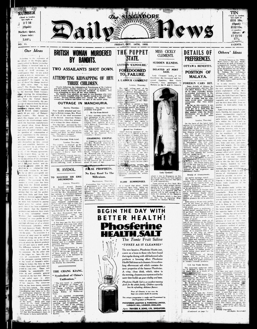 Miniature of Singapore Daily News 14 October 1932