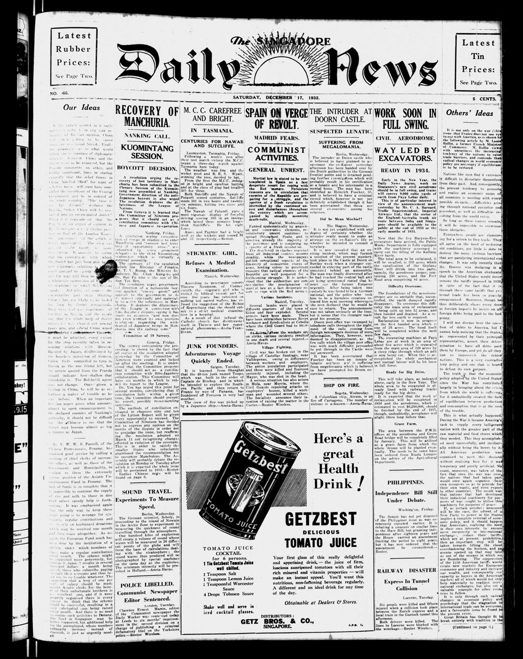 Miniature of Singapore Daily News 17 December 1932