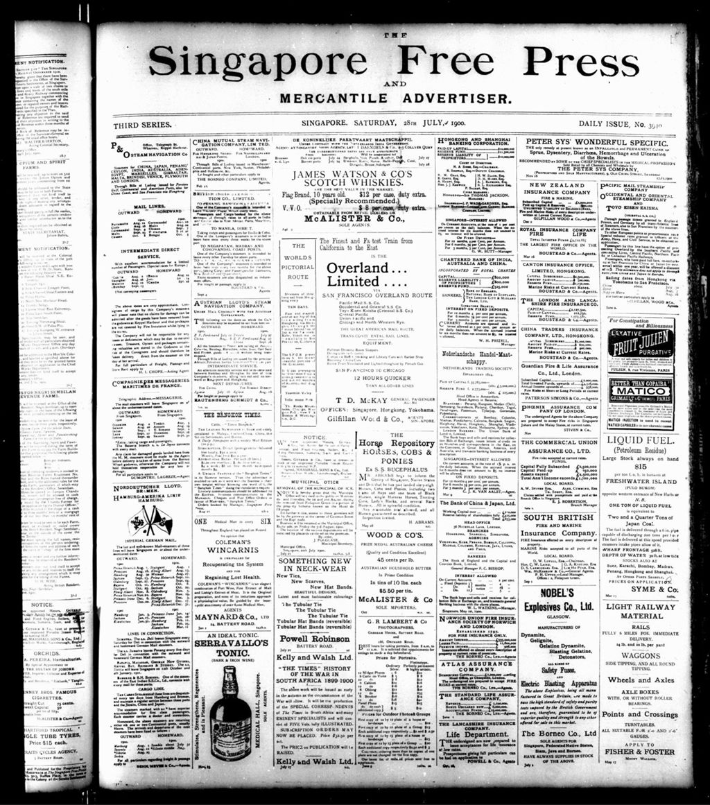 Miniature of Singapore Free Press and Mercantile Advertiser 28 July 1900