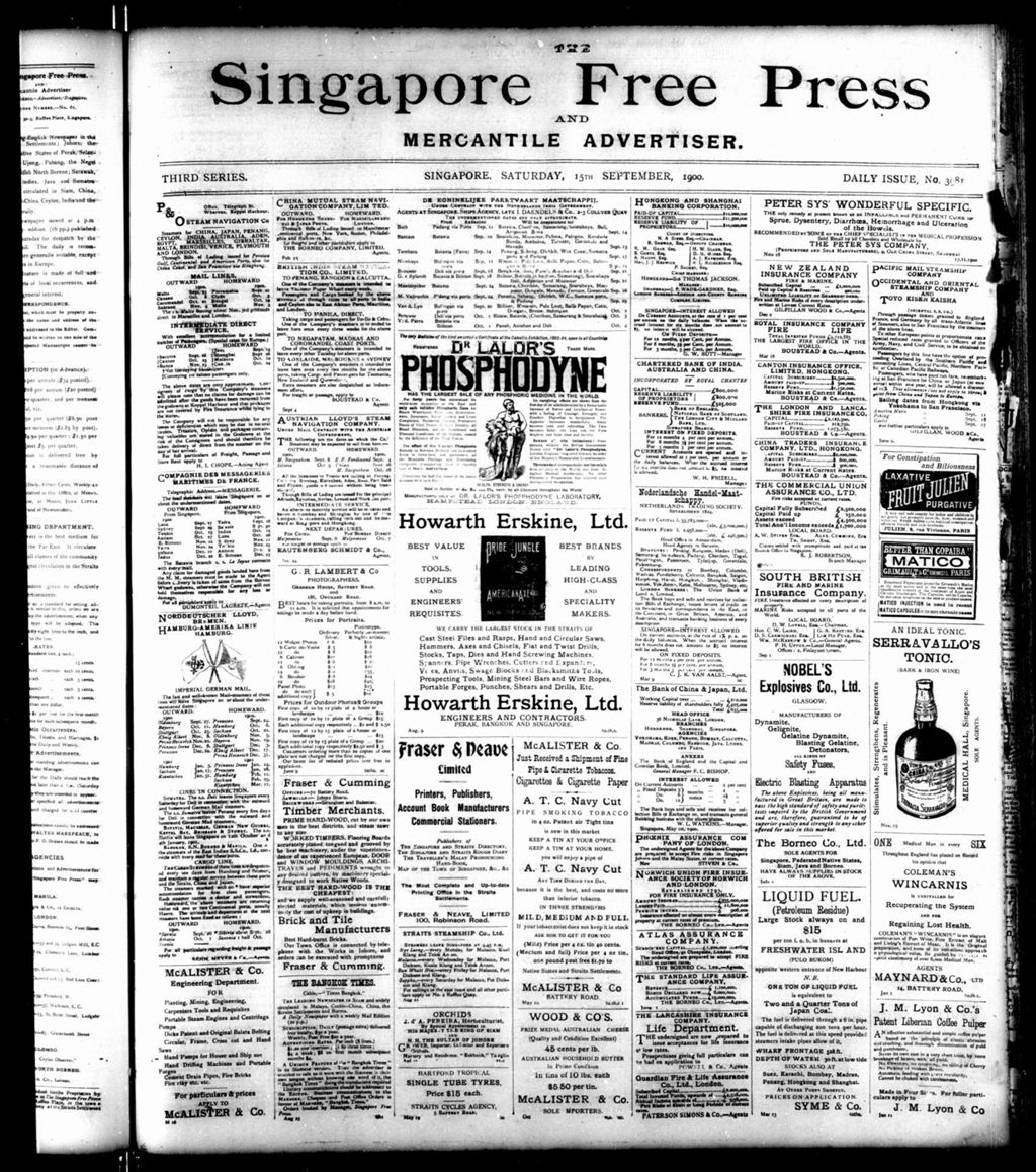 Miniature of Singapore Free Press and Mercantile Advertiser 15 September 1900