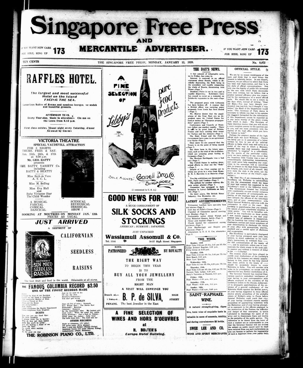 Miniature of Singapore Free Press and Mercantile Advertiser 12 January 1920