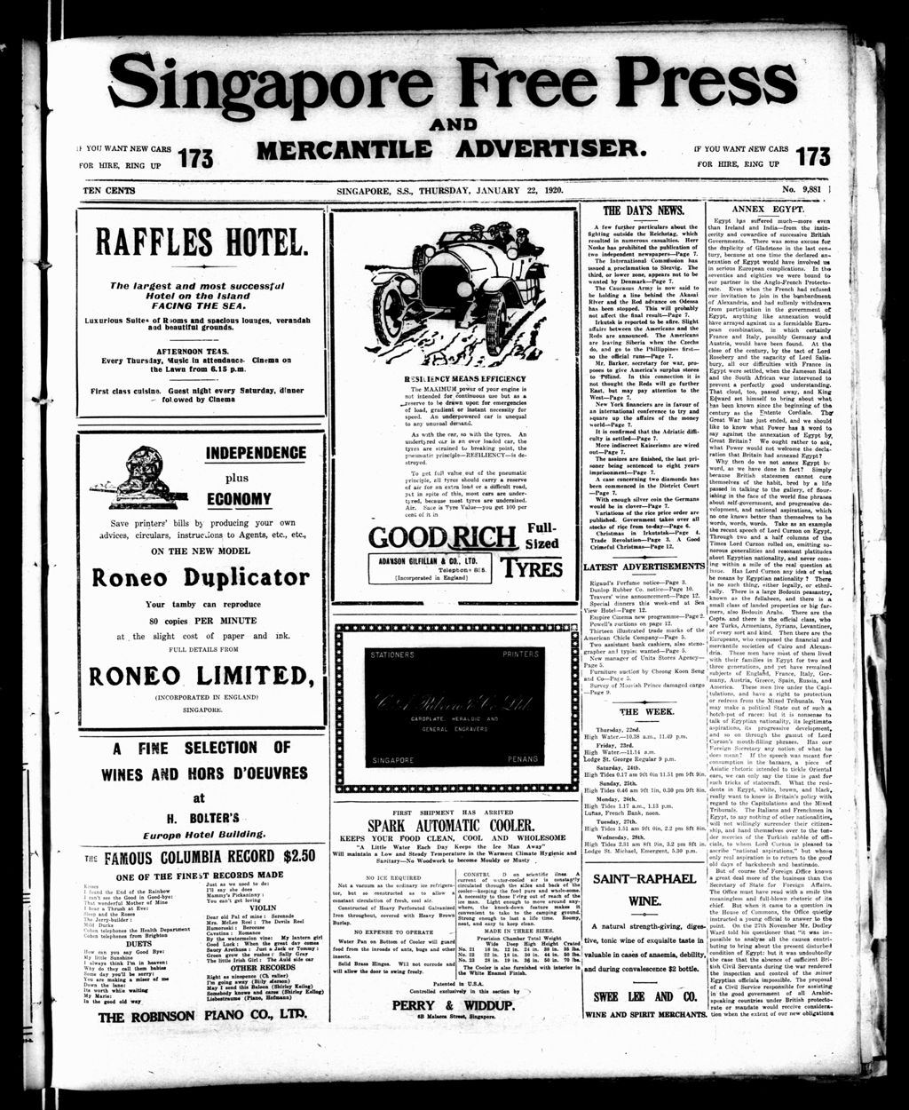 Miniature of Singapore Free Press and Mercantile Advertiser 22 January 1920