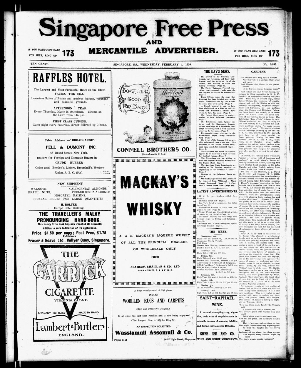 Miniature of Singapore Free Press and Mercantile Advertiser 04 February 1920