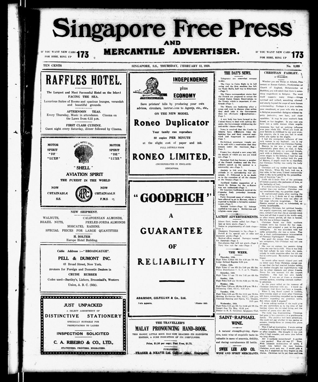 Miniature of Singapore Free Press and Mercantile Advertiser 12 February 1920