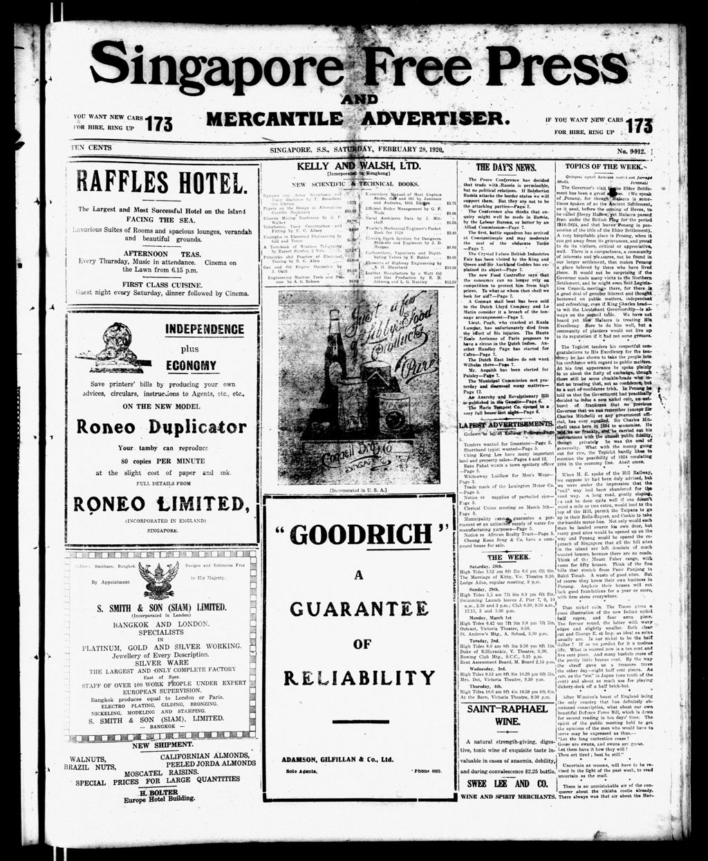 Miniature of Singapore Free Press and Mercantile Advertiser 28 February 1920