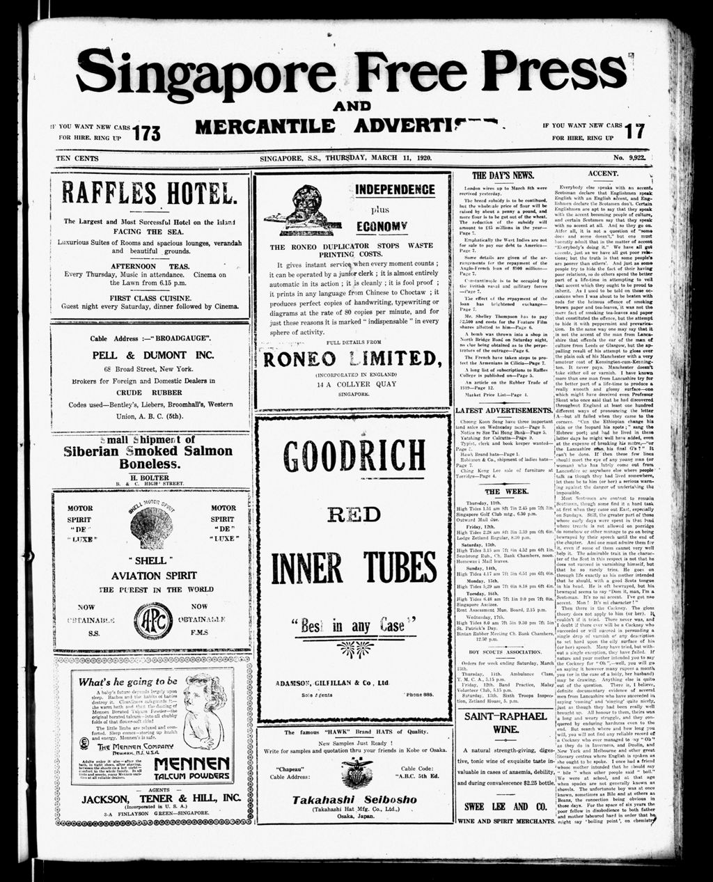 Miniature of Singapore Free Press and Mercantile Advertiser 11 March 1920