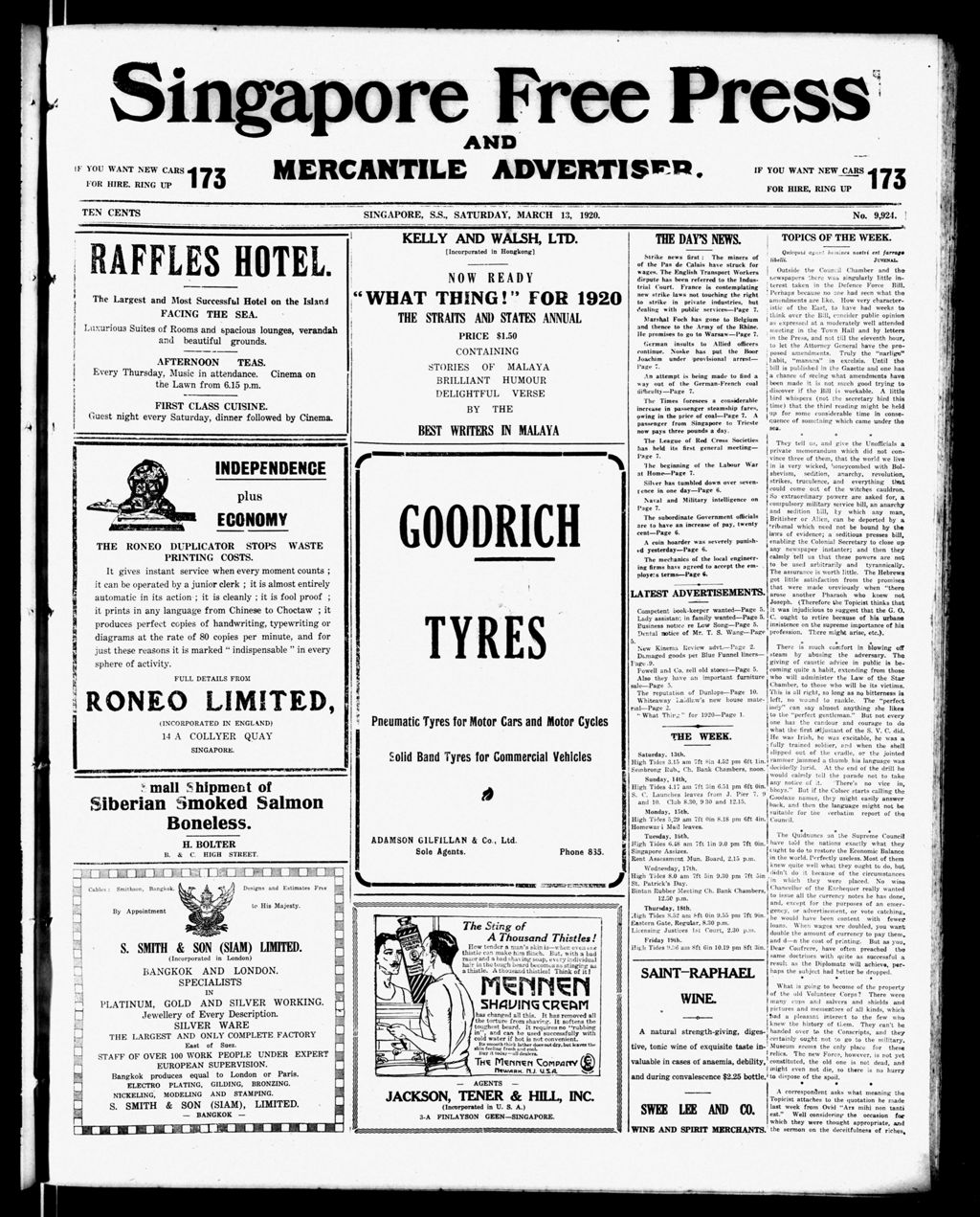 Miniature of Singapore Free Press and Mercantile Advertiser 13 March 1920