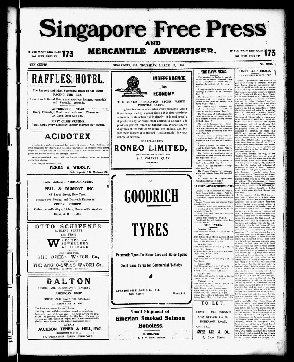 Miniature of Singapore Free Press and Mercantile Advertiser 25 March 1920