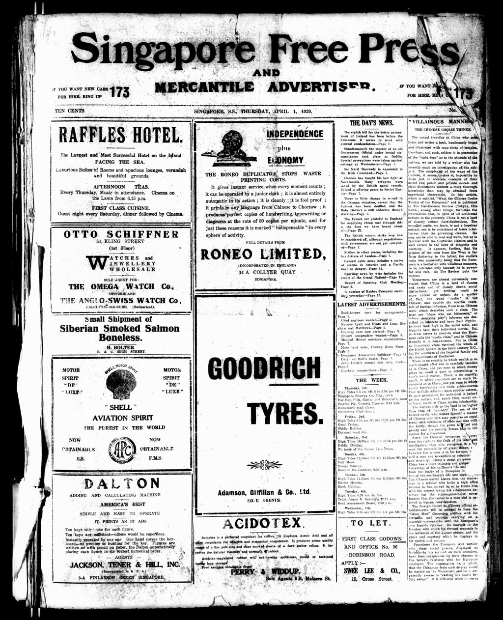 Miniature of Singapore Free Press and Mercantile Advertiser 01 April 1920