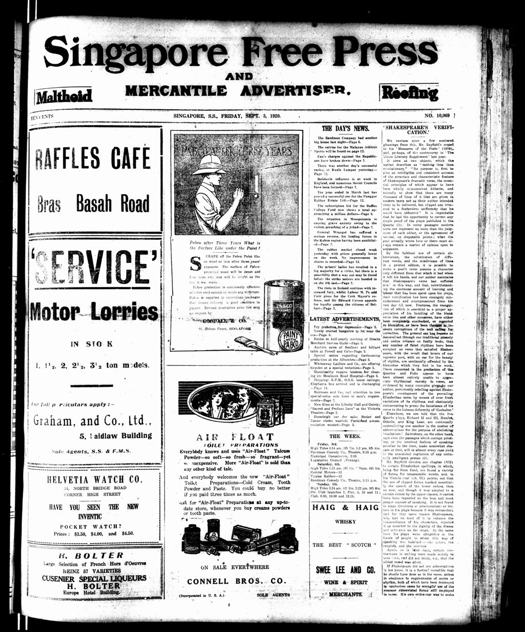 Miniature of Singapore Free Press and Mercantile Advertiser 03 September 1920