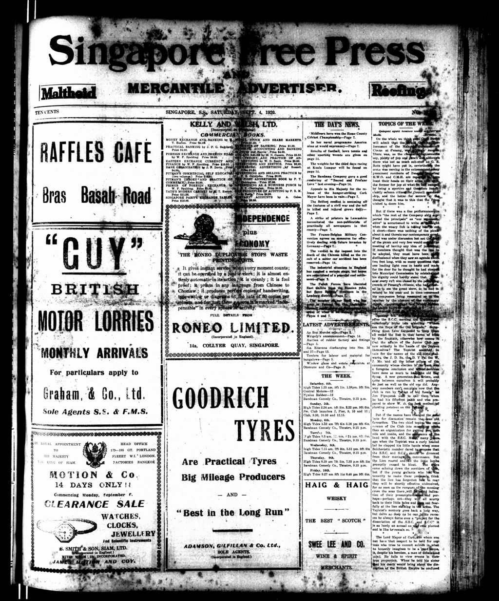 Miniature of Singapore Free Press and Mercantile Advertiser 04 September 1920