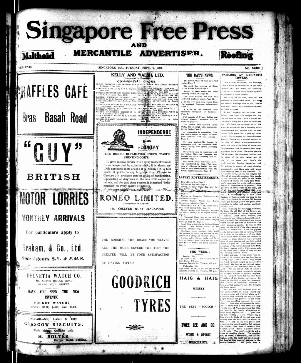 Miniature of Singapore Free Press and Mercantile Advertiser 07 September 1920