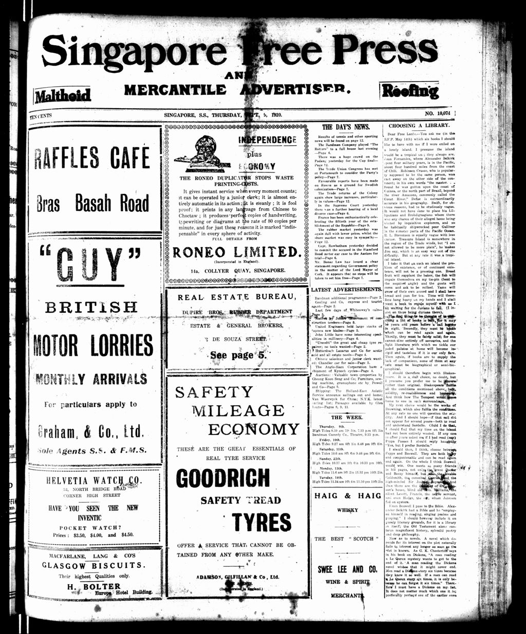 Miniature of Singapore Free Press and Mercantile Advertiser 09 September 1920