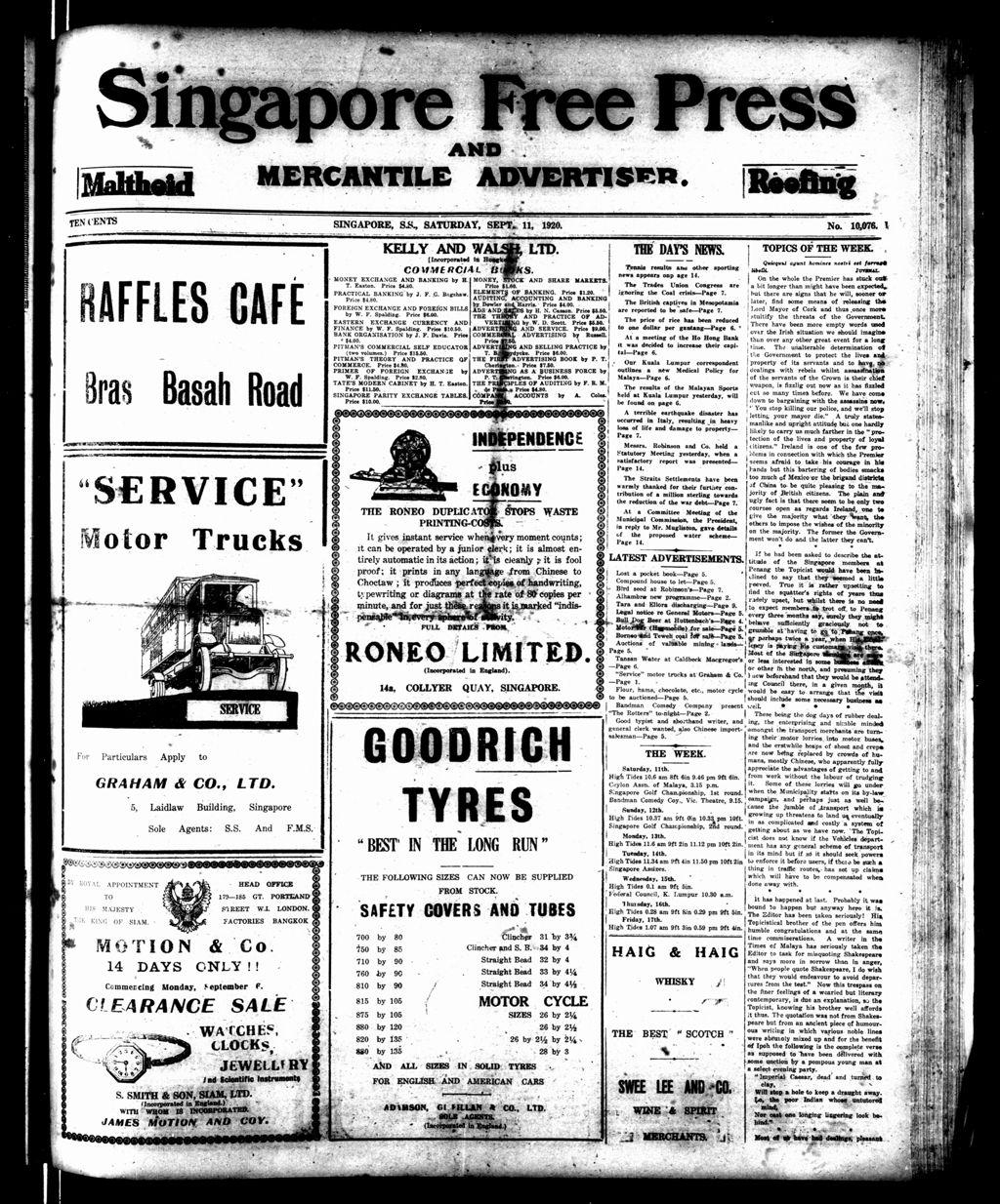 Miniature of Singapore Free Press and Mercantile Advertiser 11 September 1920