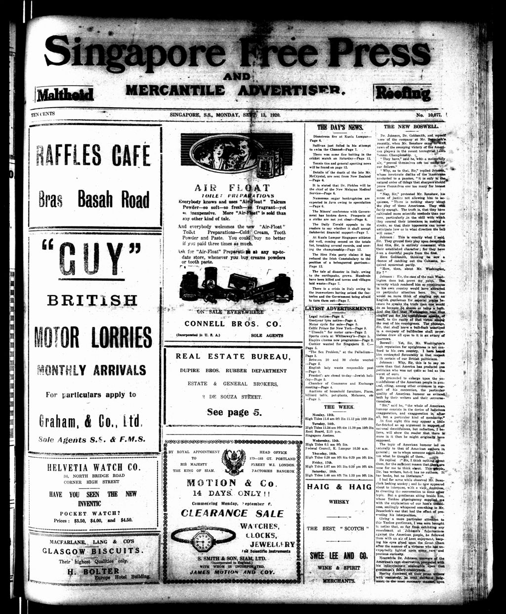 Miniature of Singapore Free Press and Mercantile Advertiser 13 September 1920