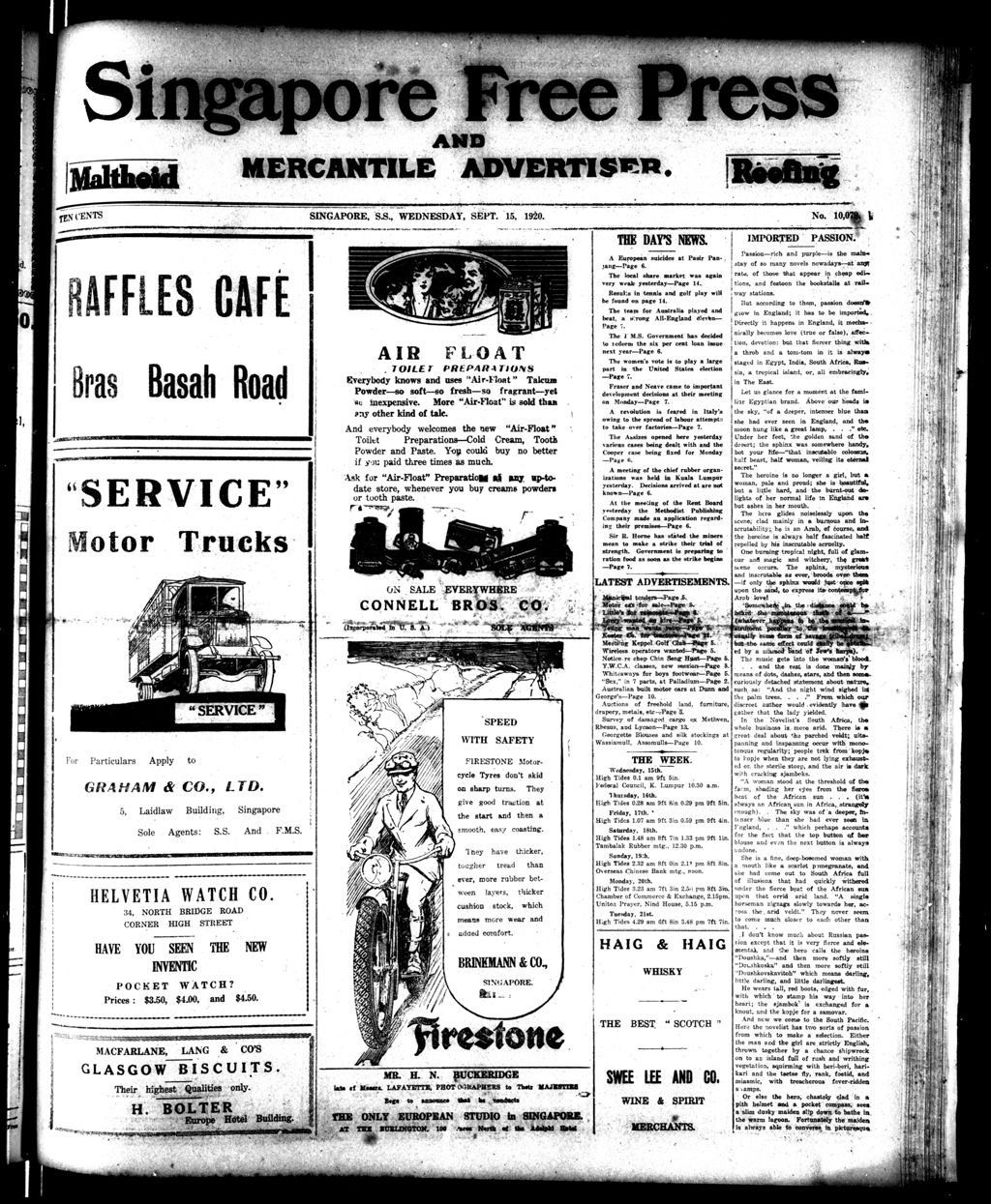 Miniature of Singapore Free Press and Mercantile Advertiser 15 September 1920