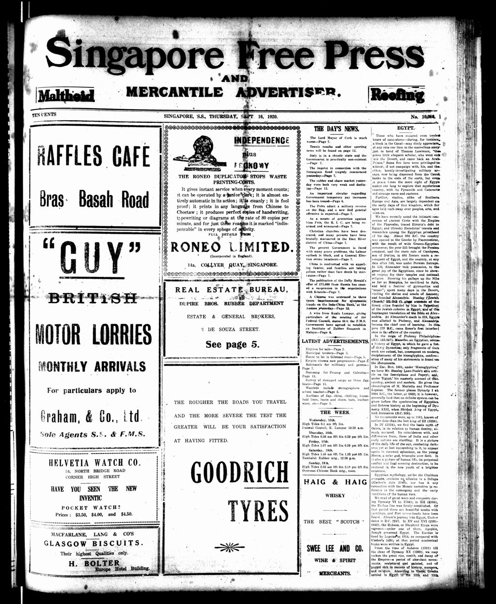 Miniature of Singapore Free Press and Mercantile Advertiser 16 September 1920