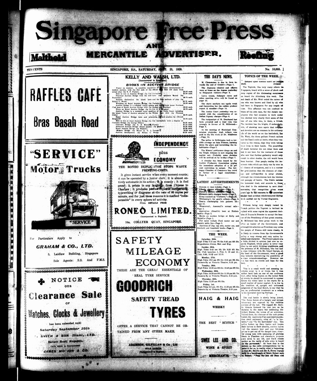 Miniature of Singapore Free Press and Mercantile Advertiser 25 September 1920